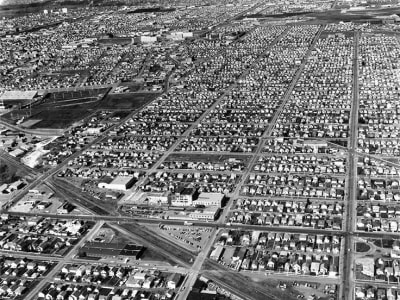 Aerial view of Alberta Avenue in Norwood, circa 1965.
