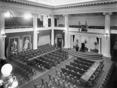 Interior view of the Alberta Legislature Chamber showcasing architectural details, taken in 1948.