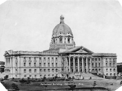 Exterior view of the Alberta Legislature, 1913. Side elevation photograph from the City of Edmonton Archives.