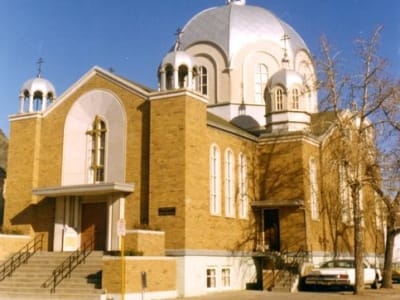 Exterior view of St. Barbara's Cathedral in Edmonton, Alberta, taken in 1959.