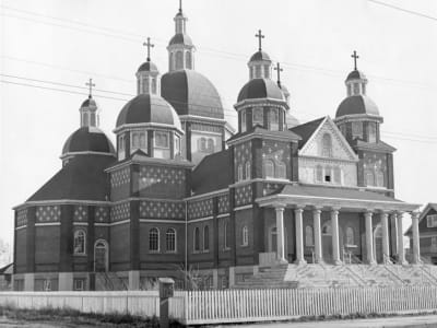 St. Josaphat Ukrainian Catholic Cathedral, exterior view captured in a historical photograph.