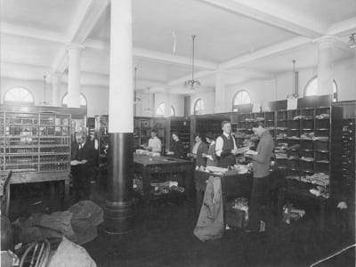 Interior view of the sorting room in the Strathcona Public Building.