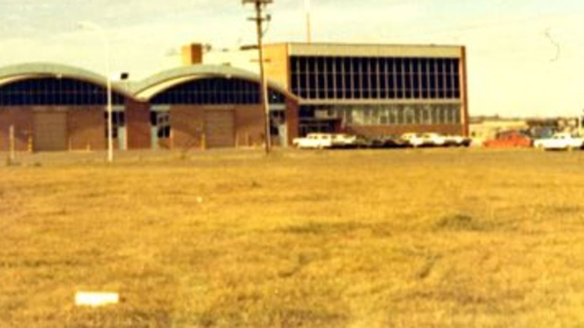 Exterior front elevation of the Edmonton Power Maintenance Building taken in 1969.