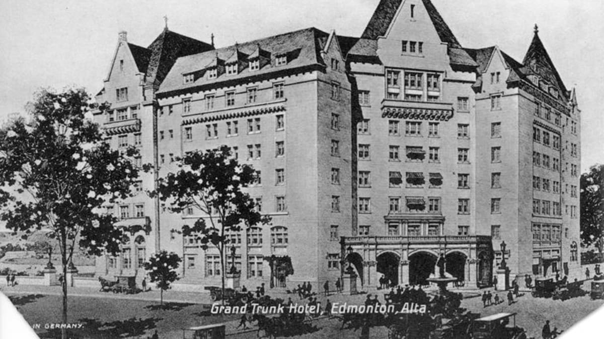 Front view of the Hotel Macdonald, built in Edmonton, Alberta, around 1915.