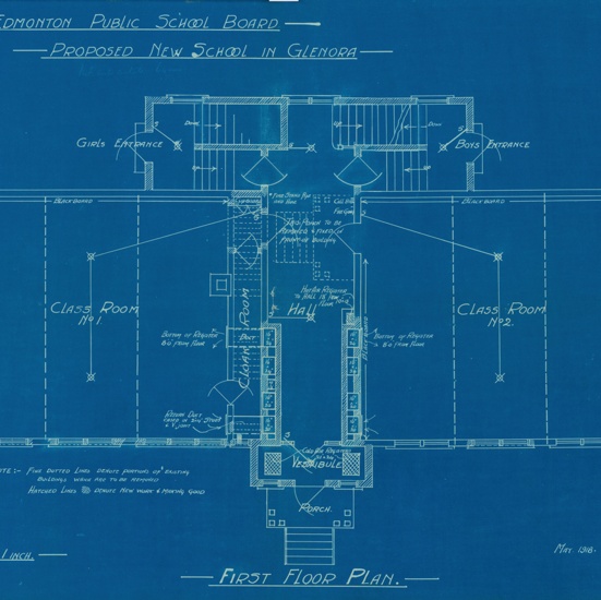 Old Glenora School, first floor plan for proposed new school, 1918