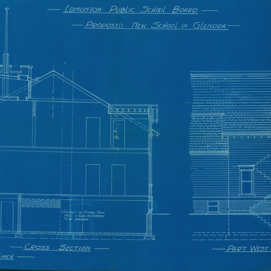 Old Glenora School, cross section and west elevation for proposed school, 1918